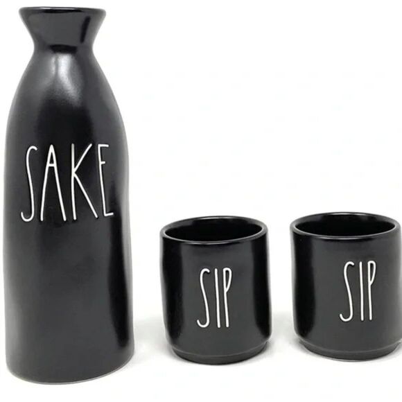 Rae Dunn SAKE Set 3 Pc Matte Black Farmhouse Pitcher Cups SIP Housewarming Gift - Picture 1 of 3